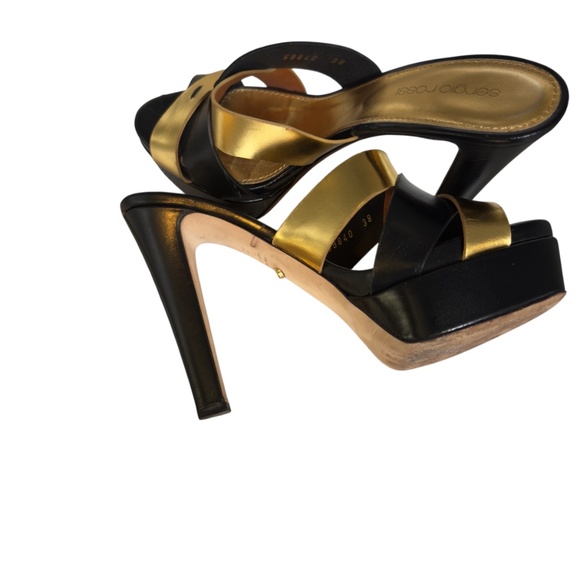 Sergio Rossi Black/Gold Leather Mule Woman’s High Shoes Size 38 - Picture 2 of 9